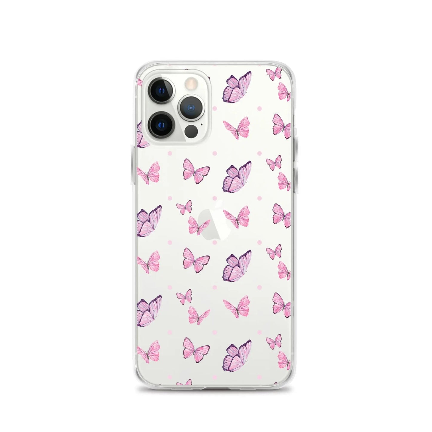 Clear silicone iPhone case with pink butterfly print, shockproof and slim design