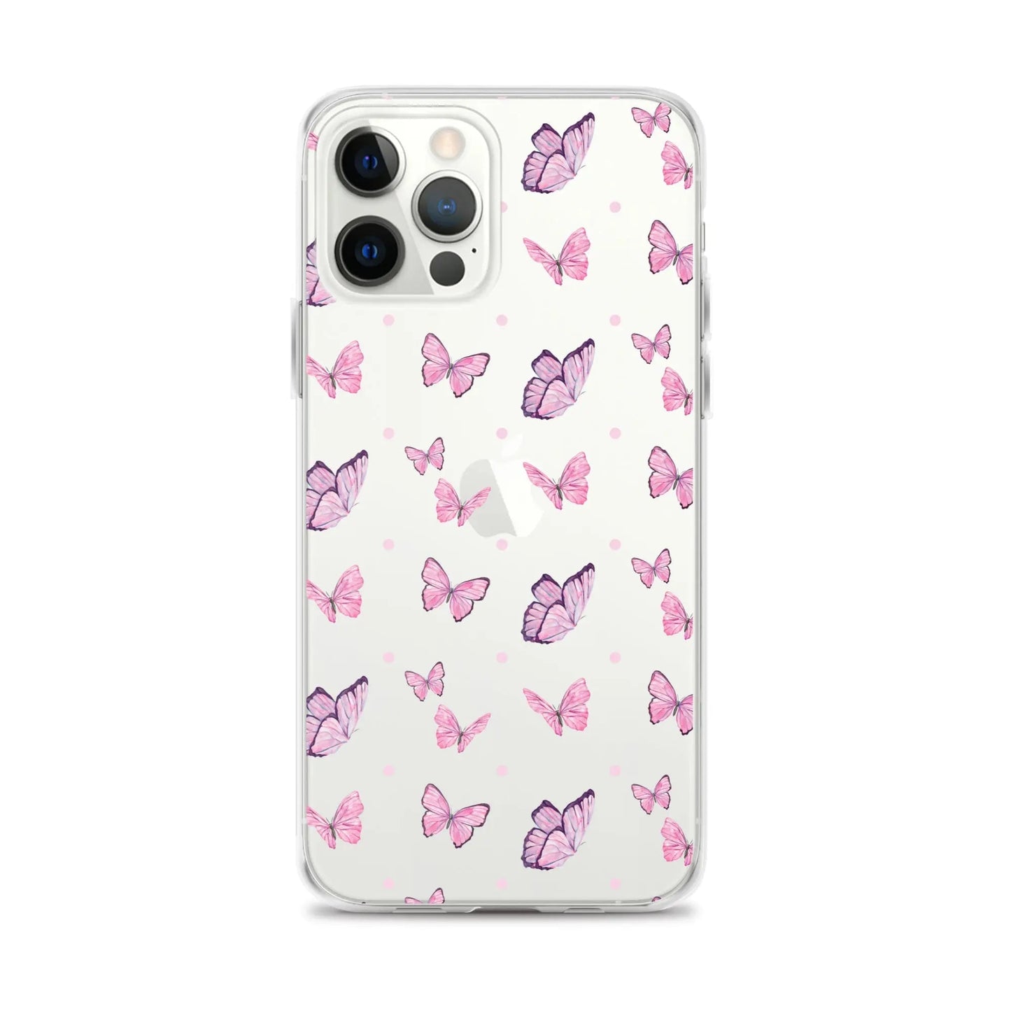 Clear printed silicone iPhone case with pink butterfly design, shockproof and slim-fit protection