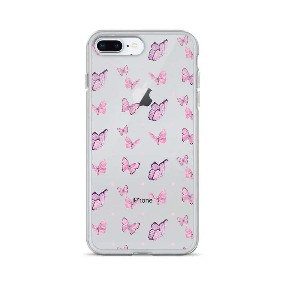 Clear printed silicone iPhone case with pink butterfly design and shockproof protection for iPhone.