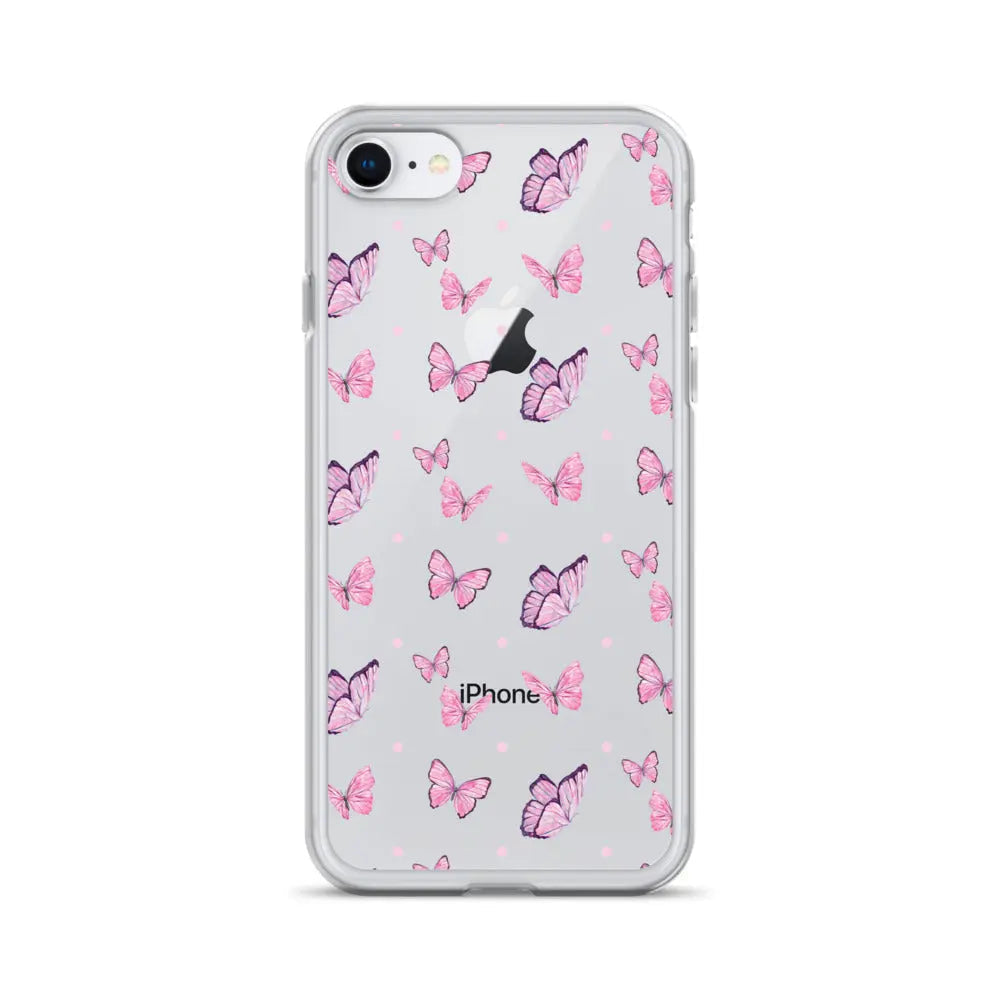 Clear printed silicone iPhone case with pink butterfly design, shockproof and slim fit protection for iPhone SE 2020 model.