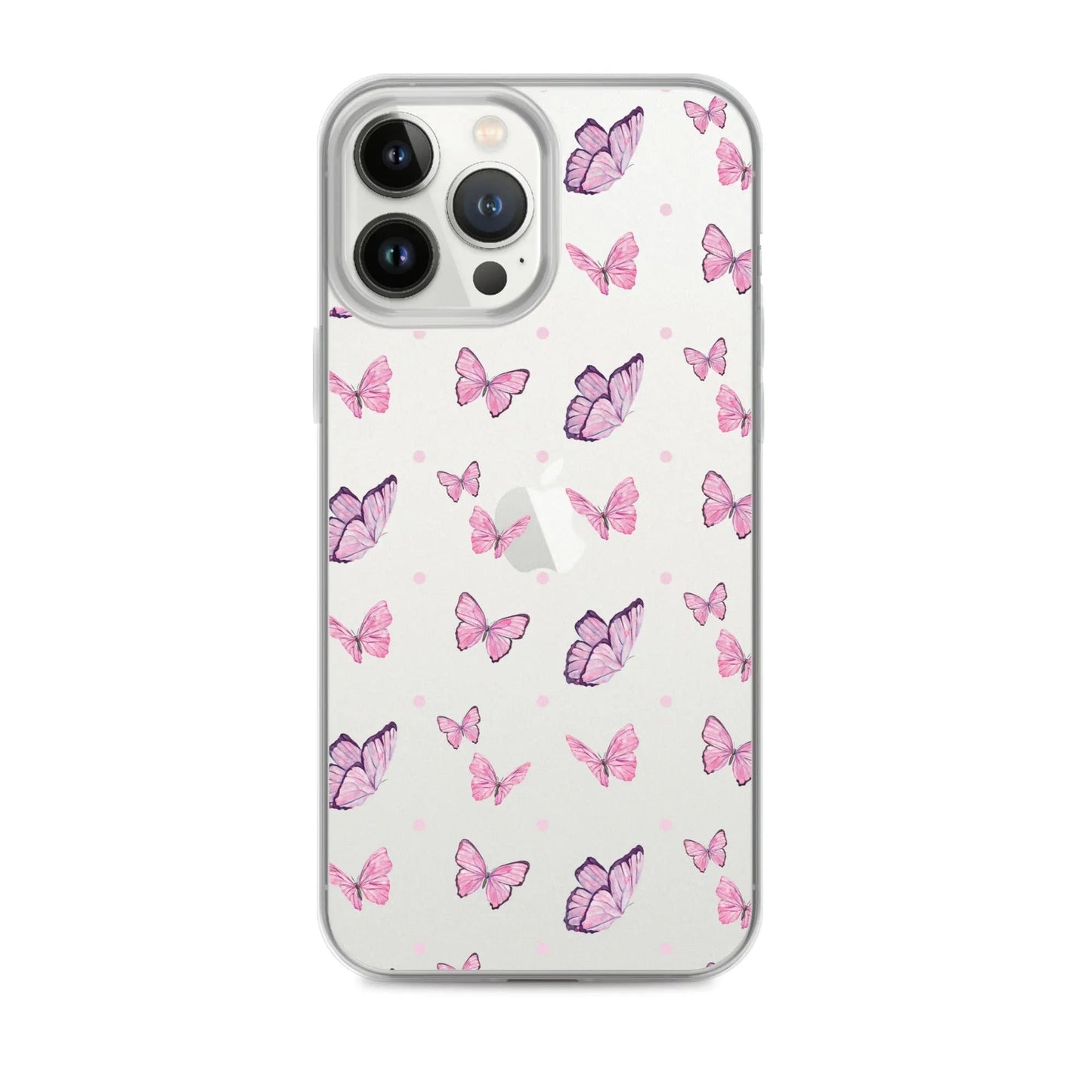 Clear printed silicone iPhone case with pink and purple butterfly design, slim shockproof protection, flexible sides and solid back.