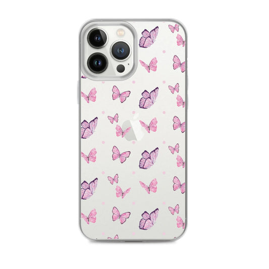Clear printed silicone iPhone case with pink and purple butterfly design, slim shockproof protection, flexible sides and solid back.