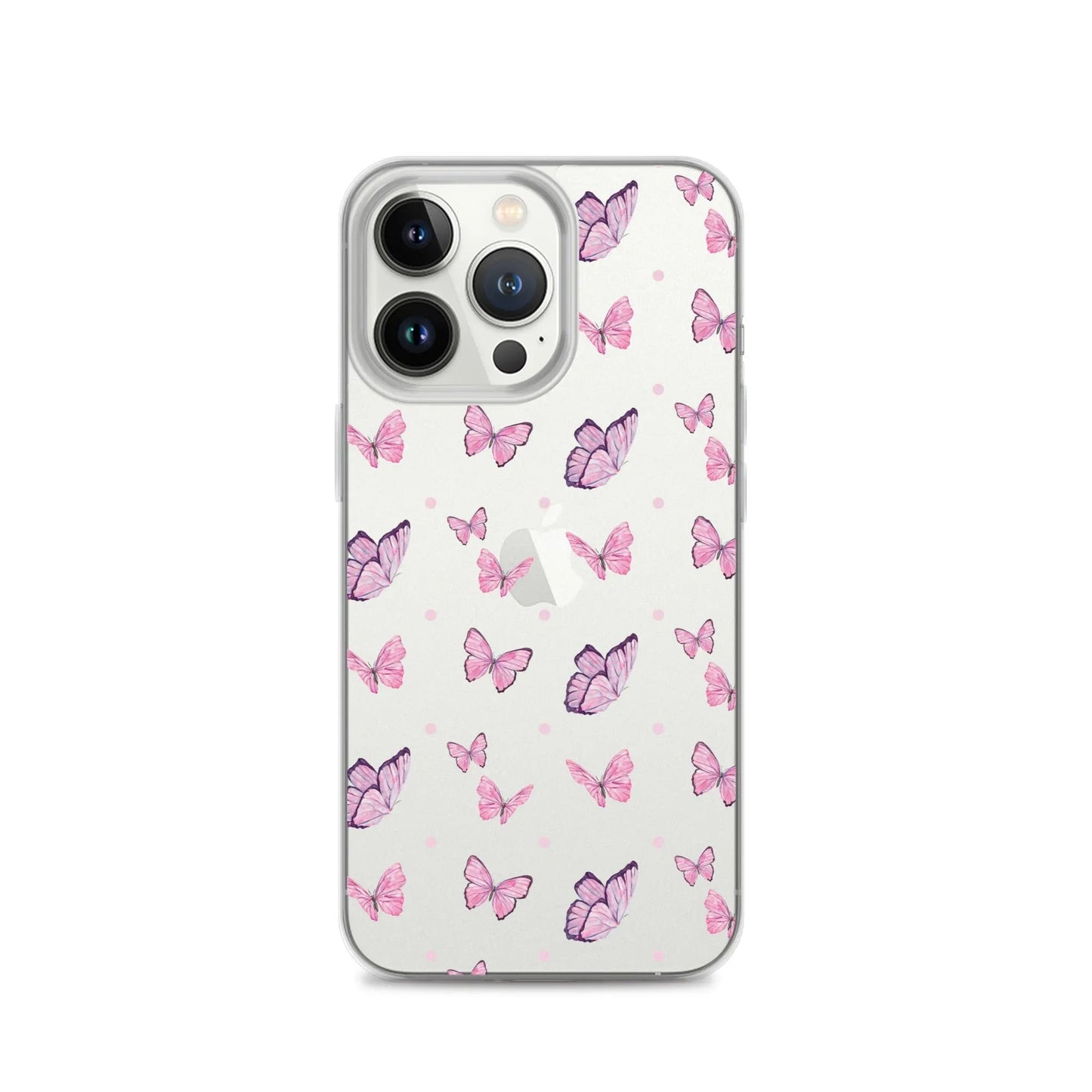 Clear printed silicone iPhone case with pink butterfly design, shockproof and slim fit protection