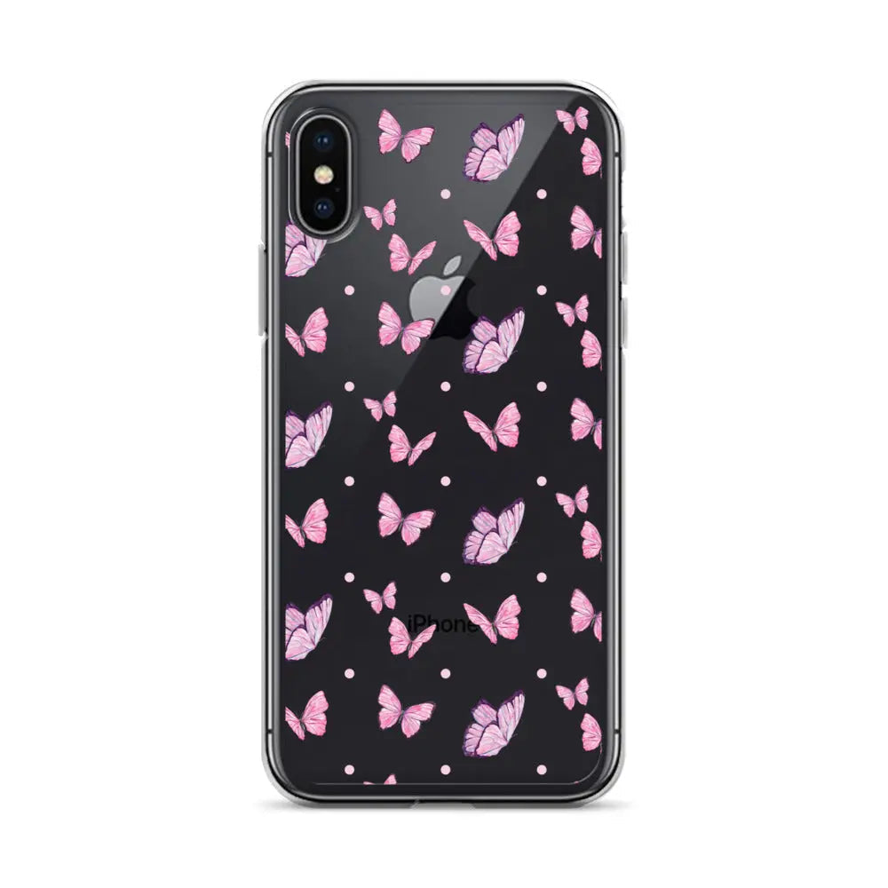 Clear printed silicone iPhone case with pink butterfly design and shockproof protection