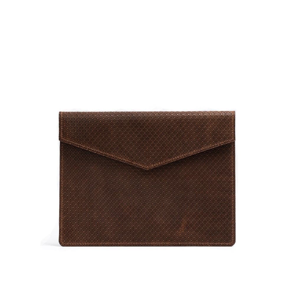 Brown geometric net iPad leather sleeve handcrafted in Europe with high-quality leather and a modern elegant design