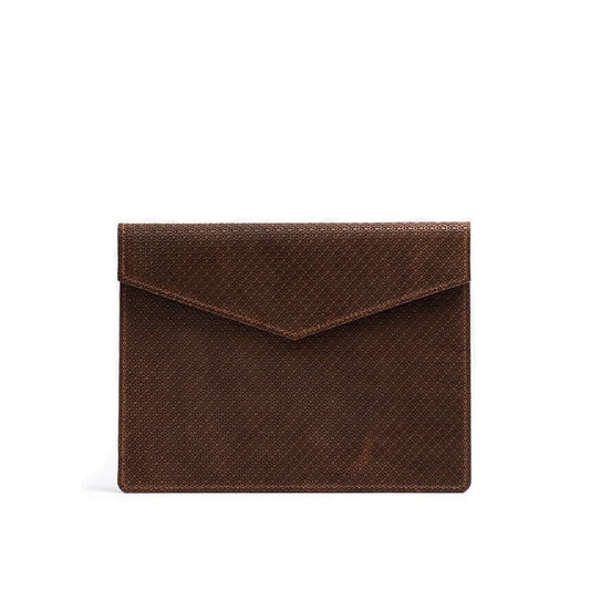 Brown geometric net iPad leather sleeve handcrafted in Europe with high-quality leather and a modern elegant design