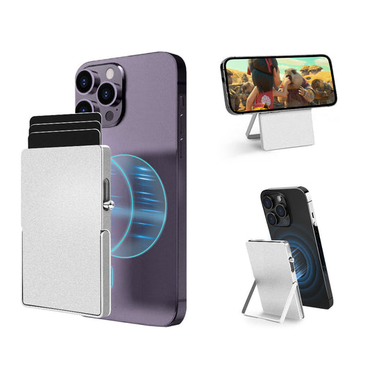 Minimalist slim metal RFID blocking wallet with magnetic attachment and adjustable stand for iPhone, pop-up card holder for quick access and secure card protection.