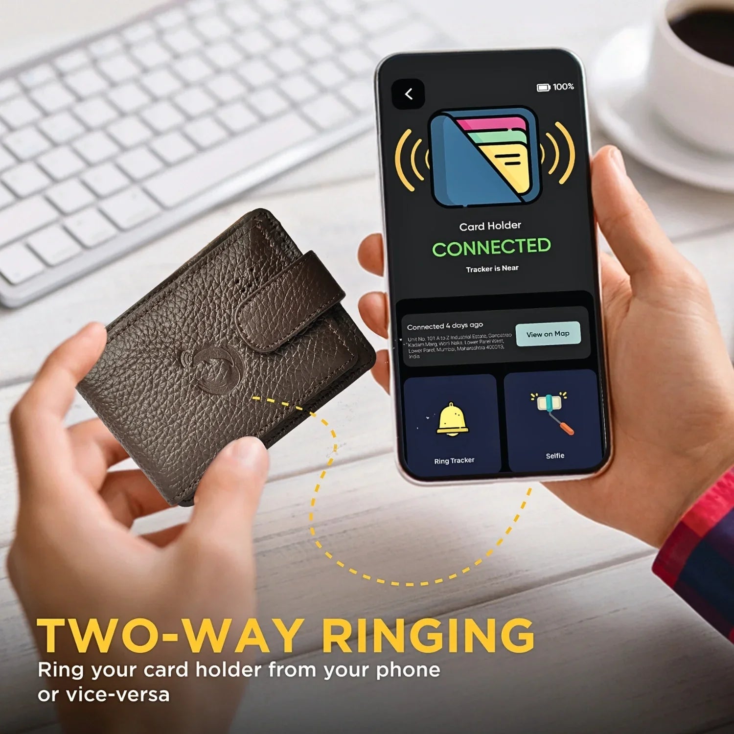 Dolphin Card Holder with Bluetooth GPS tracker and RFID blocking shown connected on phone app for two-way ringing feature