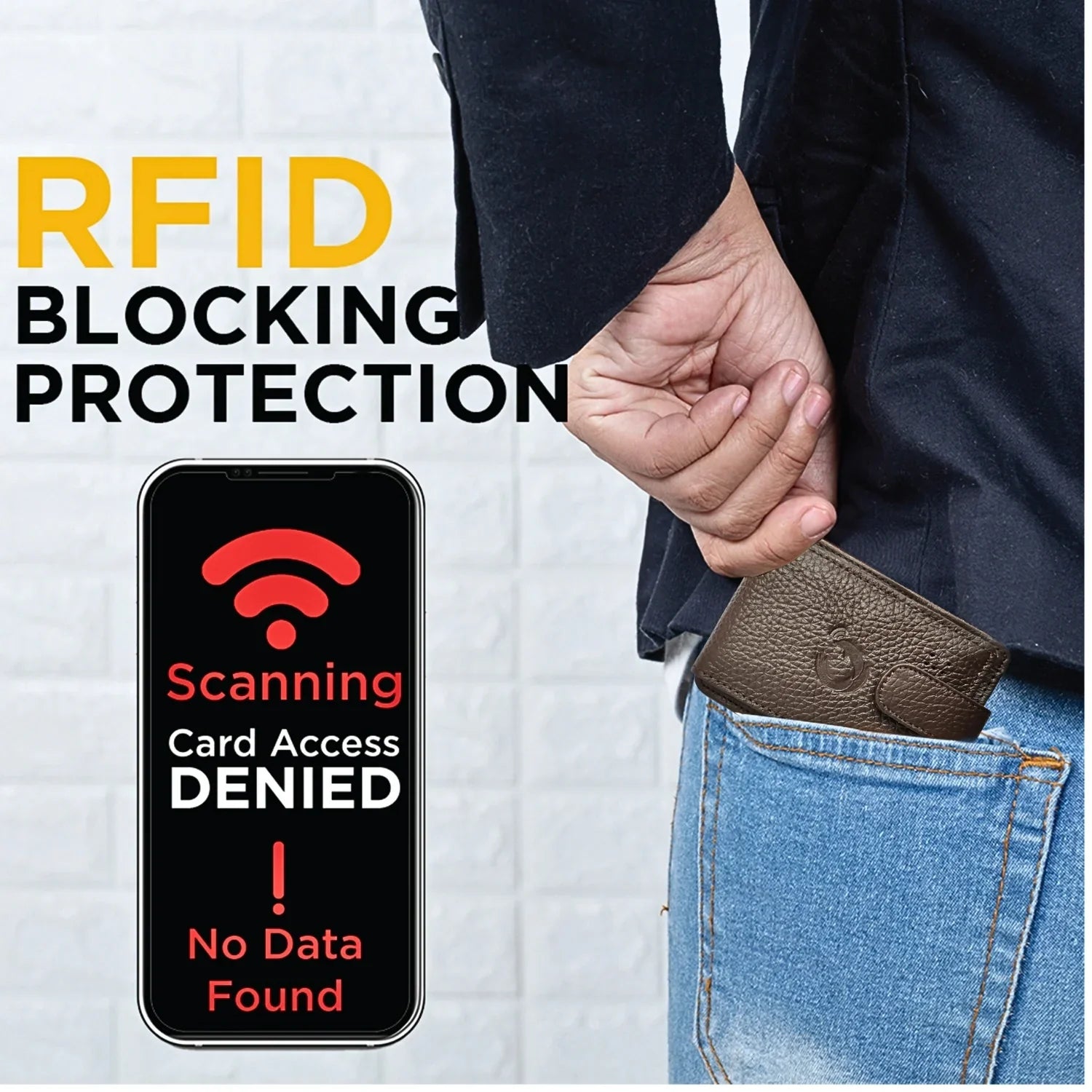 Hand holding brown Dolphin Card Holder in jeans pocket with RFID blocking protection and phone showing denied card scanning.