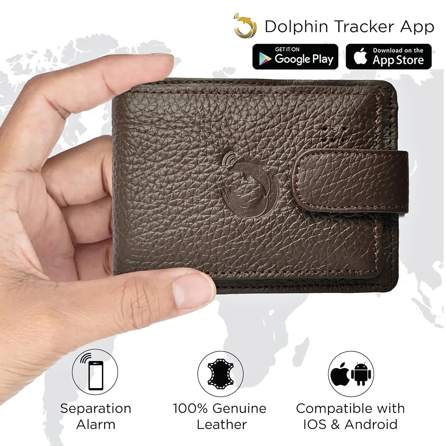 Hand holding a brown Dolphin Card Holder made of 100% genuine leather with Bluetooth tracker, compatible with iOS and Android, featuring separation alarm for security.