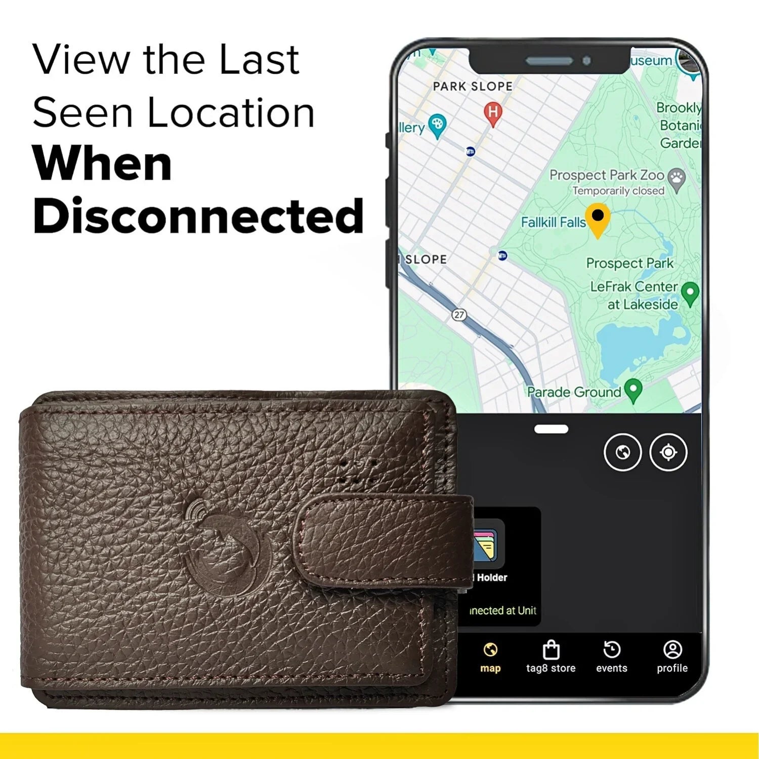 Brown leather Dolphin Card Holder with GPS tracker showing last seen location on a smartphone map app